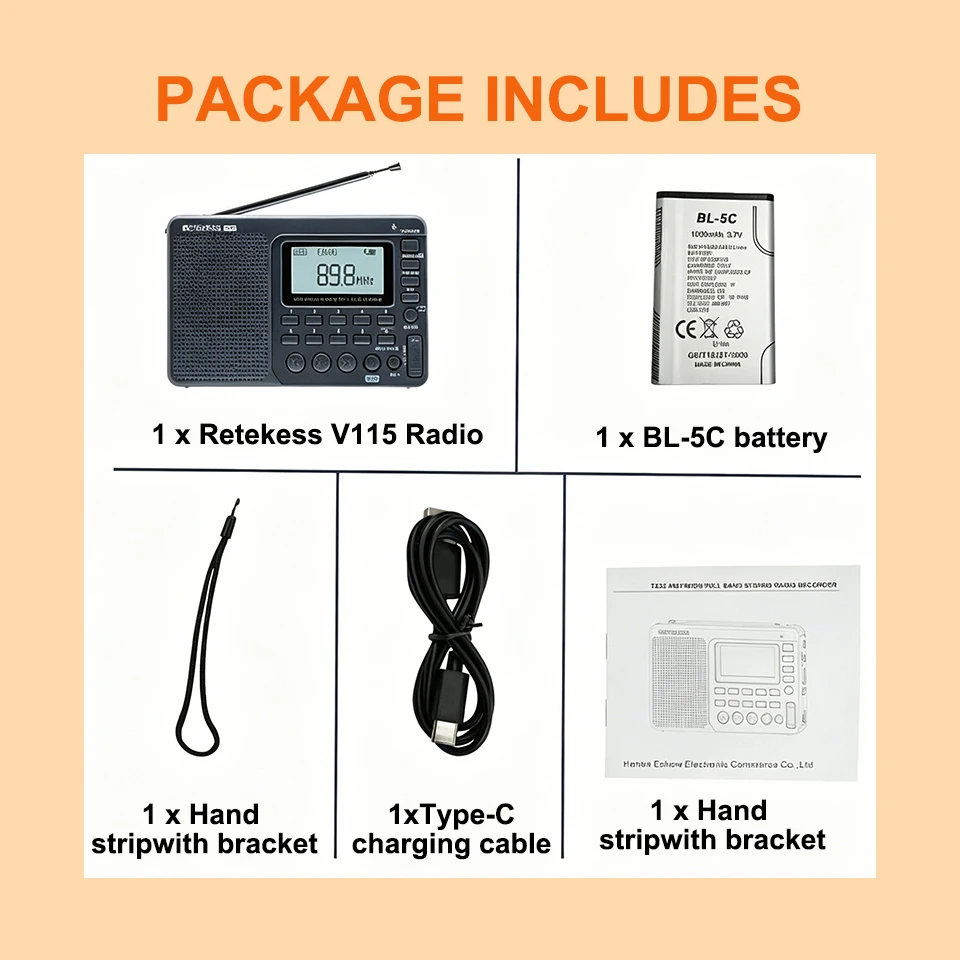 RETEKESS V115 Portable Radio Rechargeable AM FM SW Radio Multifunctional Radio Long Distance Receiver Clear Sound for Camp Gift