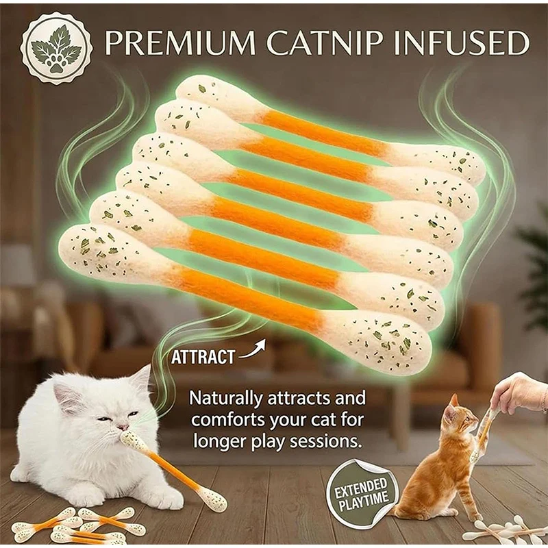 6PCS Cotton Swabs Cat Toy with Catnip Kitten Chew Sticks for Indoor Boredom, Durable Dental Teething Ropes Interactive Accessory