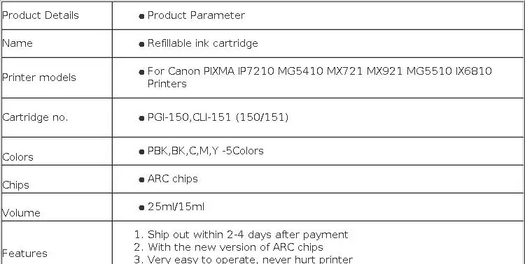 PGI-150 CLI-151 Refillable Ink Cartridge For Canon MG5410 MG5510 MG5610 MG6410 MG6610 IP7210 MX721 Ix6810 Printers