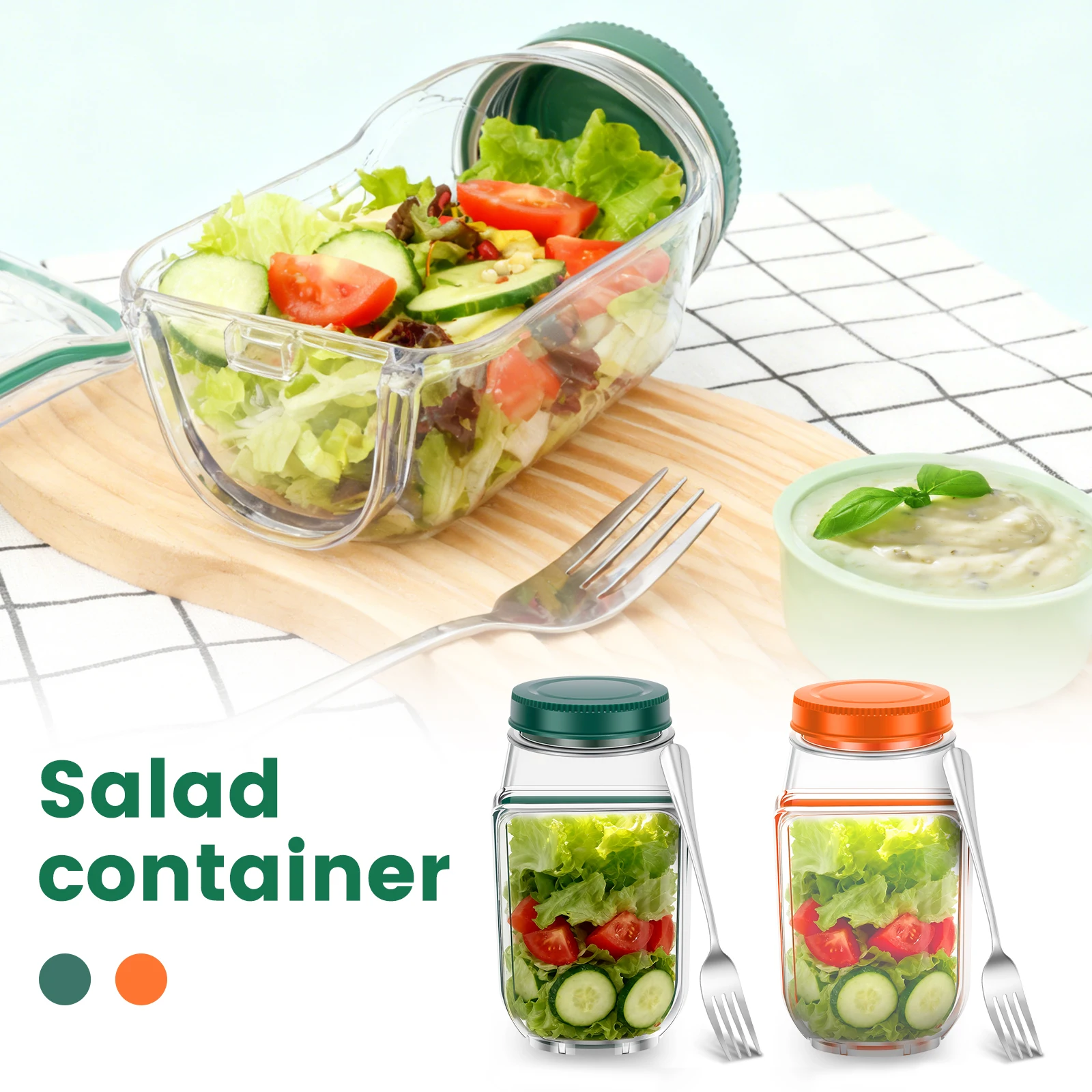 Salad Jars Plastic Salad Storage Can Container with Side-opening Cover & Stainless Steel Fork Vertical Vegetable Fruit Container