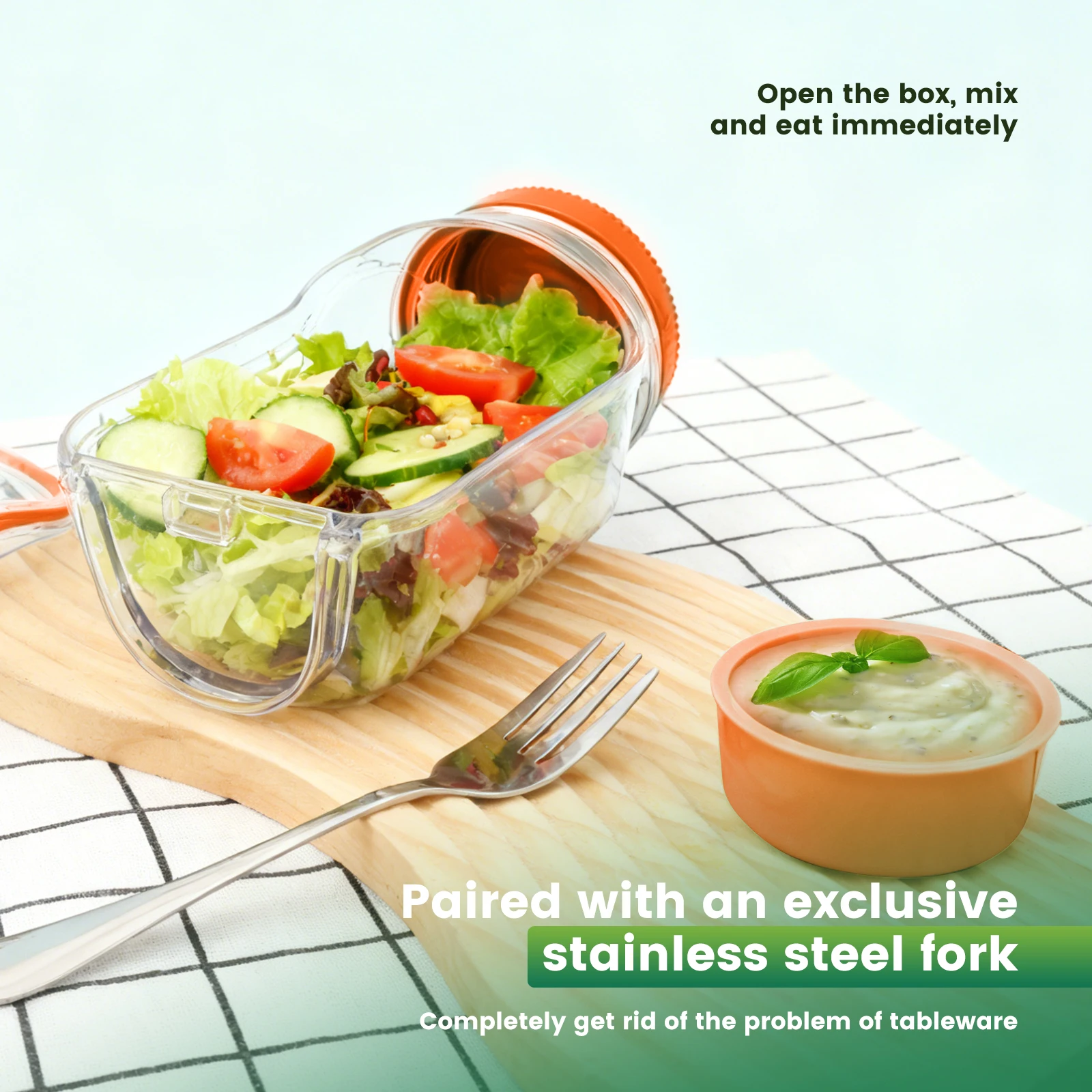 Salad Jars Plastic Salad Storage Can Container with Side-opening Cover & Stainless Steel Fork Vertical Vegetable Fruit Container