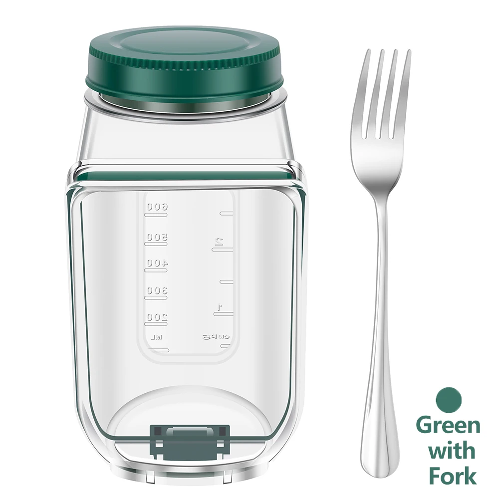 Salad Jars Plastic Salad Storage Can Container with Side-opening Cover & Stainless Steel Fork Vertical Vegetable Fruit Container
