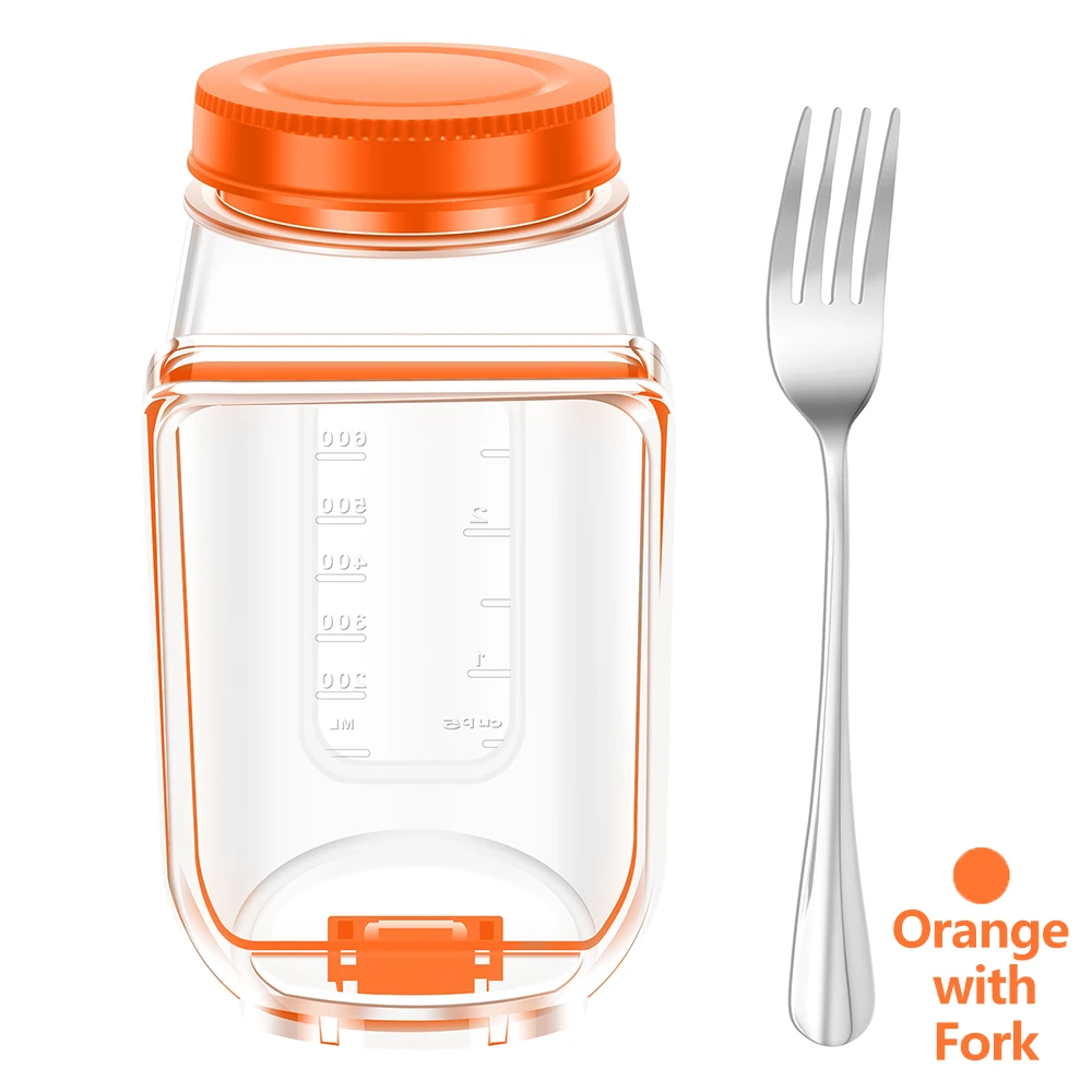 Salad Jars Plastic Salad Storage Can Container with Side-opening Cover & Stainless Steel Fork Vertical Vegetable Fruit Container