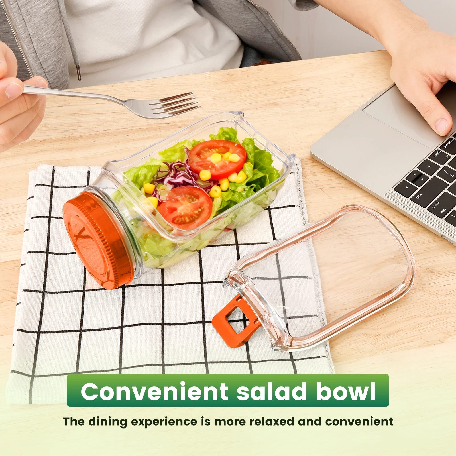 Salad Jars Plastic Salad Storage Can Container with Side-opening Cover & Stainless Steel Fork Vertical Vegetable Fruit Container