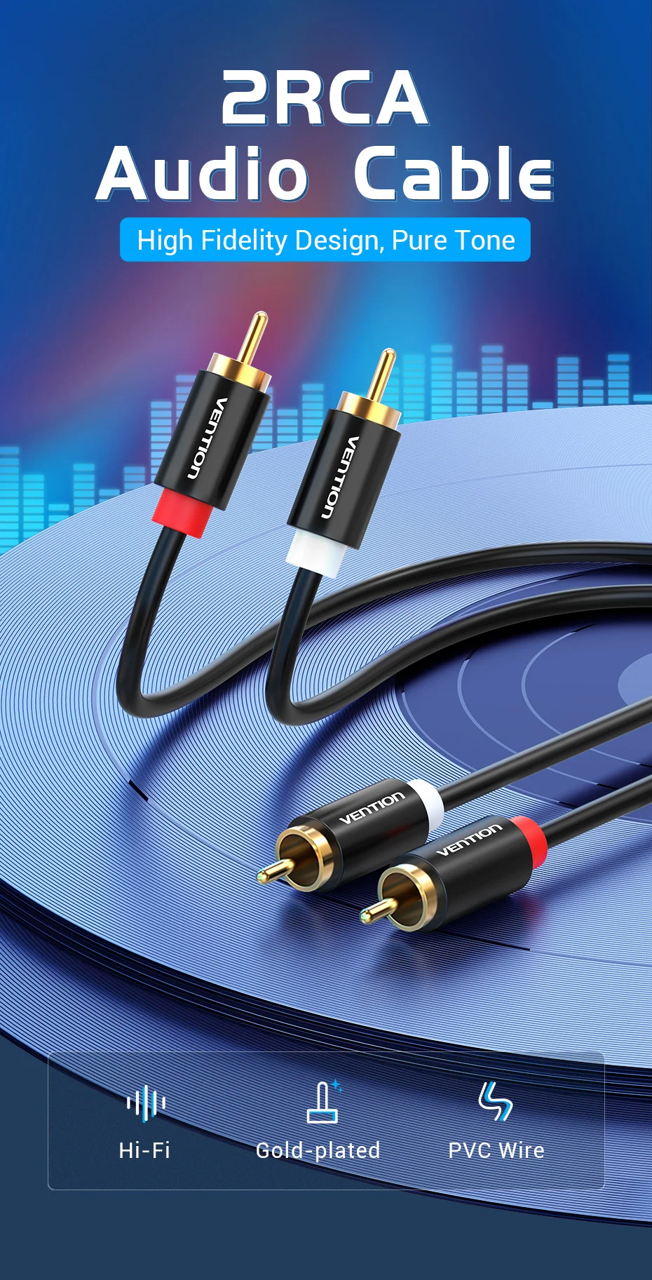 Vention 2 RCA to 2 RCA Cable Male to Male Audio Cable for Home Theater DVD Amplifier TV 1m 2m 3m 5m Cable RCA Gold-Plated Cabo