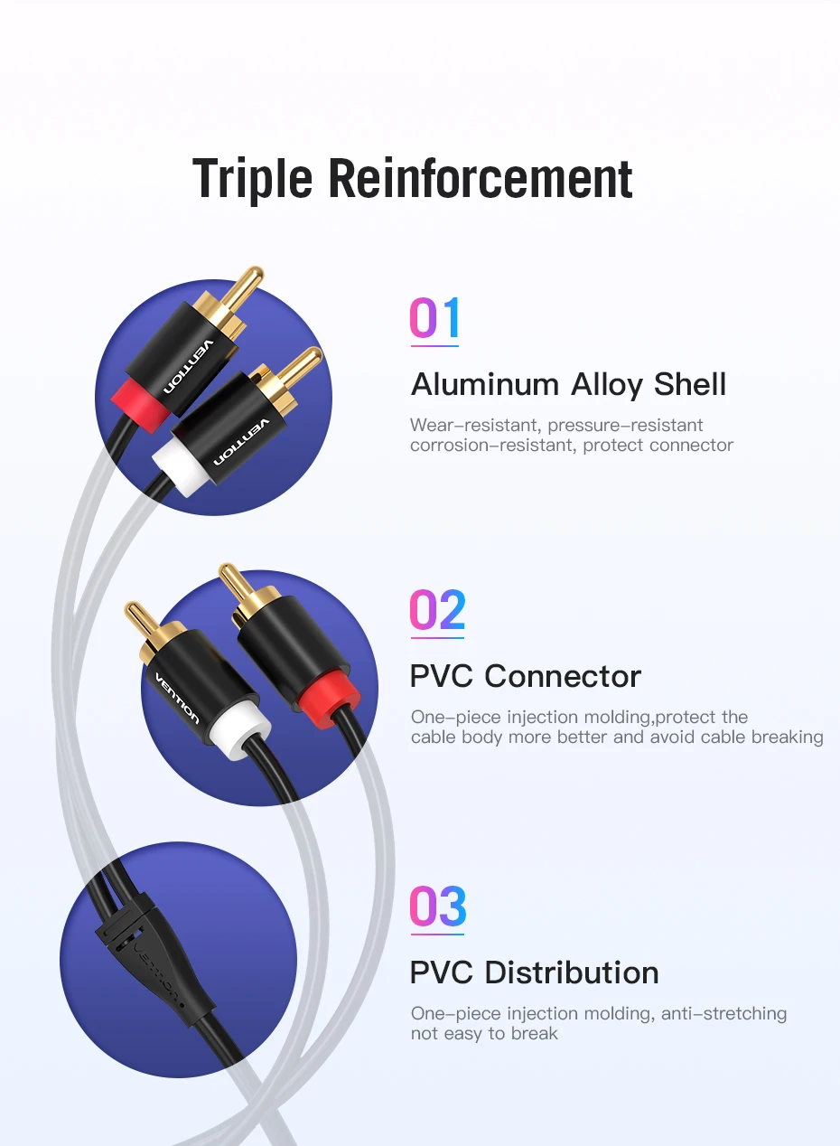 Vention 2 RCA to 2 RCA Cable Male to Male Audio Cable for Home Theater DVD Amplifier TV 1m 2m 3m 5m Cable RCA Gold-Plated Cabo