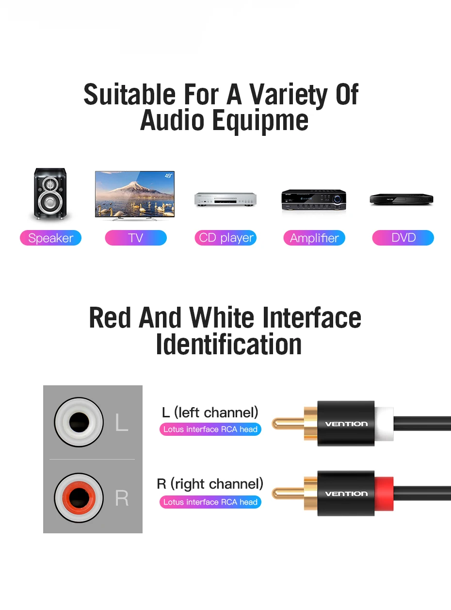 Vention 2 RCA to 2 RCA Cable Male to Male Audio Cable for Home Theater DVD Amplifier TV 1m 2m 3m 5m Cable RCA Gold-Plated Cabo