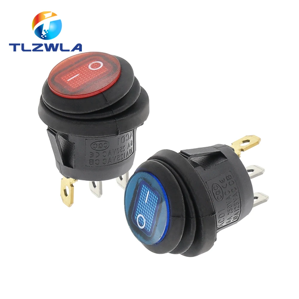 1PCS On Off Waterproof Vehicle Boat Switch Round Switch SPST 3Pin Rocker Switch 6A 10A 250V 125V AC LED
