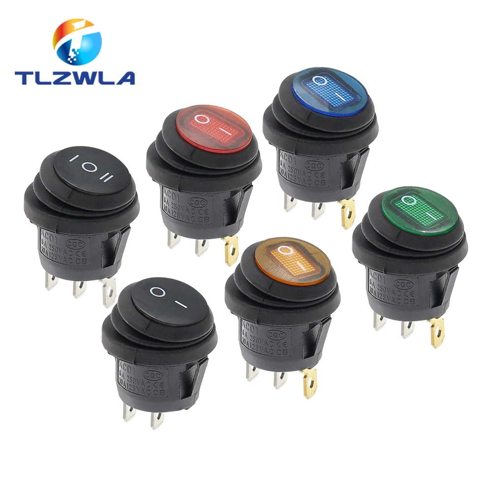 1PCS On Off Waterproof Vehicle Boat Switch Round Switch SPST 3Pin Rocker Switch 6A 10A 250V 125V AC LED