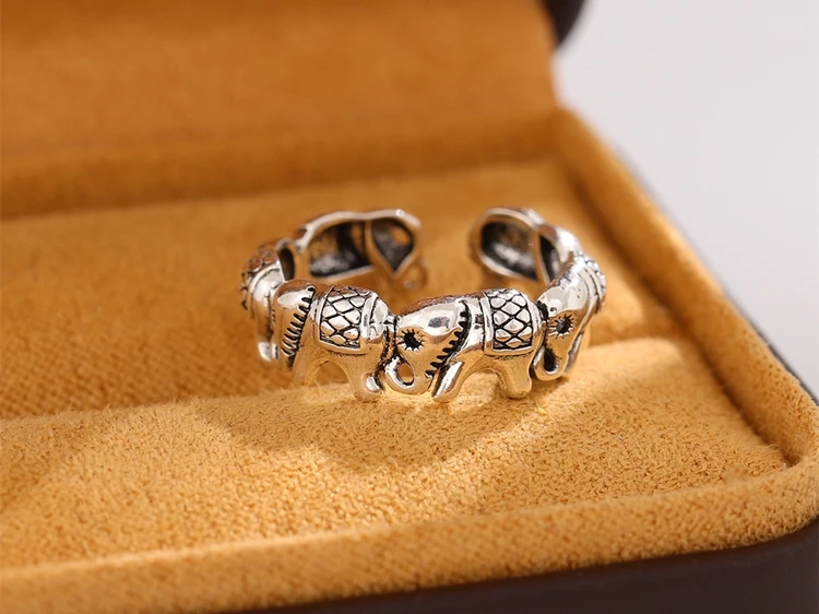 New Minimalist Retro Thai Silver Animal 925 Sterling Silver Jewelry Personality Elephant Group Exquisite Opening Rings R202
