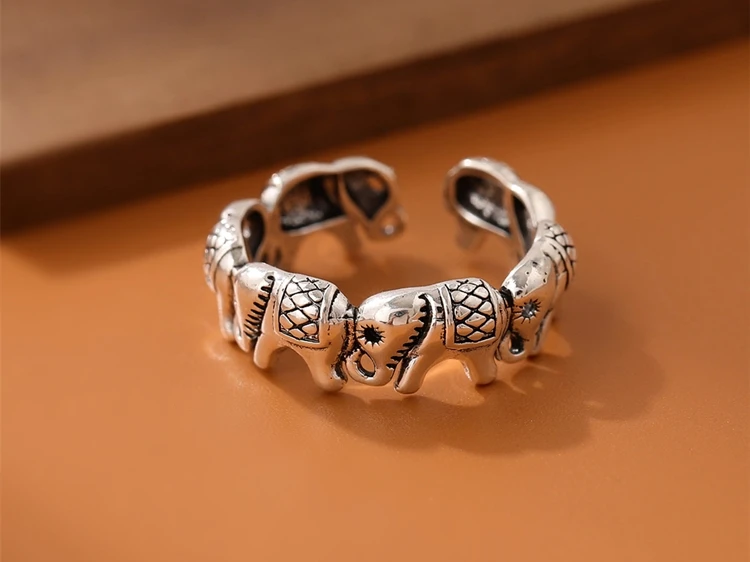 New Minimalist Retro Thai Silver Animal 925 Sterling Silver Jewelry Personality Elephant Group Exquisite Opening Rings R202