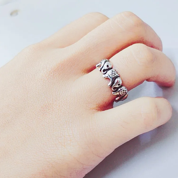 New Minimalist Retro Thai Silver Animal 925 Sterling Silver Jewelry Personality Elephant Group Exquisite Opening Rings R202