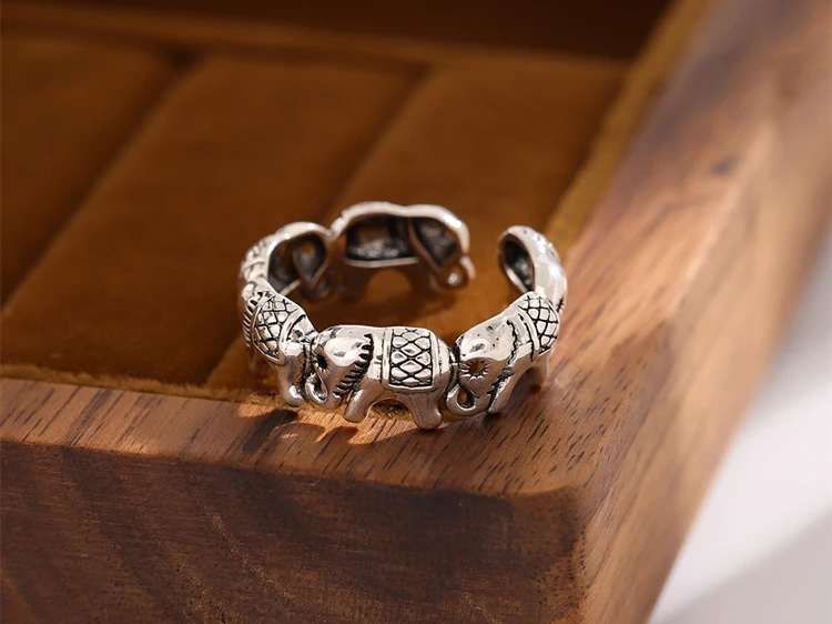 New Minimalist Retro Thai Silver Animal 925 Sterling Silver Jewelry Personality Elephant Group Exquisite Opening Rings R202