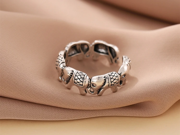 New Minimalist Retro Thai Silver Animal 925 Sterling Silver Jewelry Personality Elephant Group Exquisite Opening Rings R202