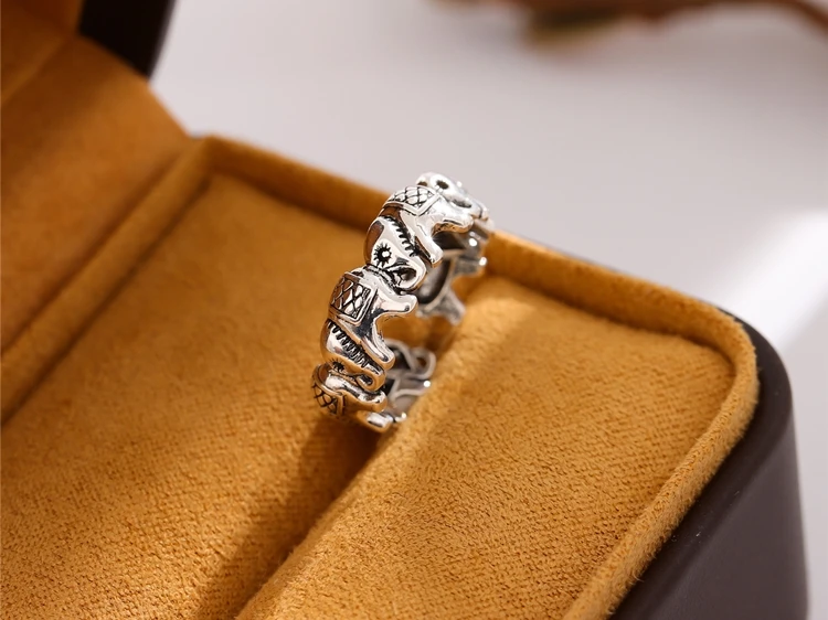 New Minimalist Retro Thai Silver Animal 925 Sterling Silver Jewelry Personality Elephant Group Exquisite Opening Rings R202