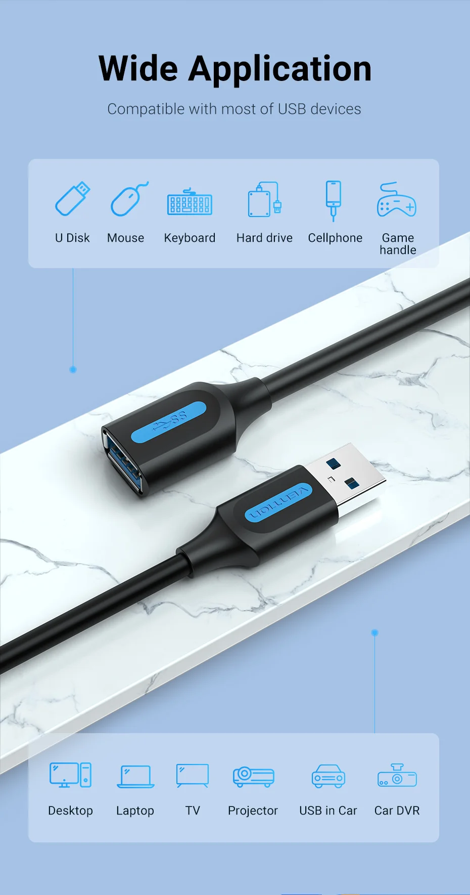 Vention USB 3.0 Extension Cable USB 3.0 2.0 Cable Extender Data Cord for PC Smart TV Xbox One SSD Fast Speed USB Cable Extension