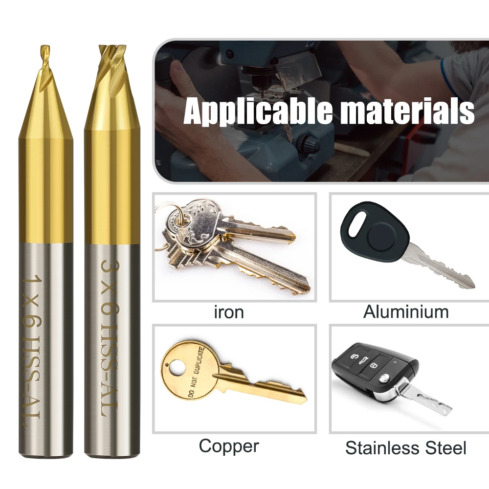 CMCP 1pc 6mm Shank Titanium Coated Key Cutting Machine End Milling Cutter 1/1.5/2.0/2.5/3.0/4.0/5.0mm Vertical Key Machine