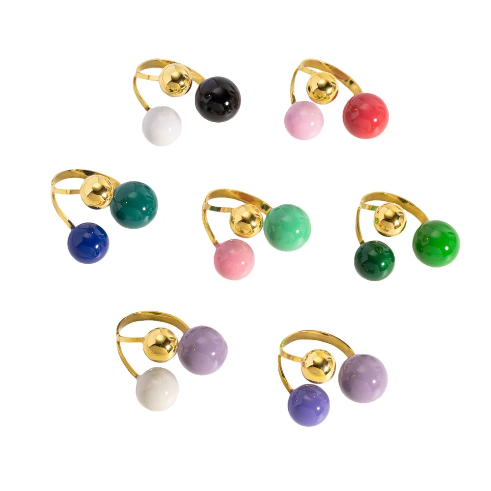 Geometric Spherical Stainless Steel Gold Plated Trendy Open Ring for Women Featuring Three Colorful Enamel Droplet-shaped Rings