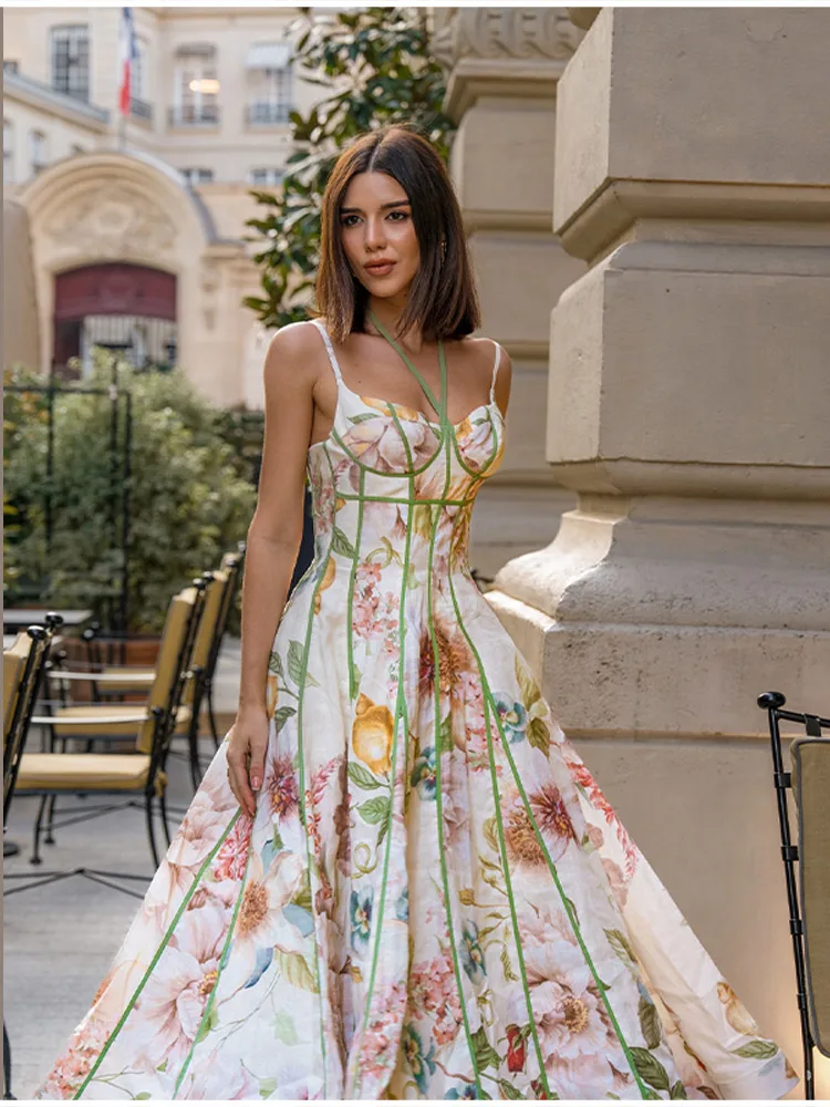 Female Exquisite Floral Print Maxi Dress Summer Chic High End Cinched Waist Vistidos Stylish Ruffled Hem Straps Beach Party Gown