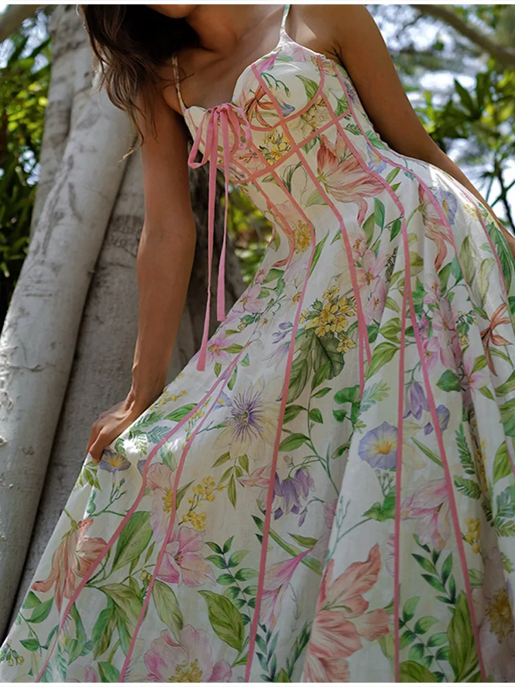 Female Exquisite Floral Print Maxi Dress Summer Chic High End Cinched Waist Vistidos Stylish Ruffled Hem Straps Beach Party Gown