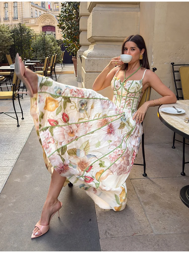 Female Exquisite Floral Print Maxi Dress Summer Chic High End Cinched Waist Vistidos Stylish Ruffled Hem Straps Beach Party Gown
