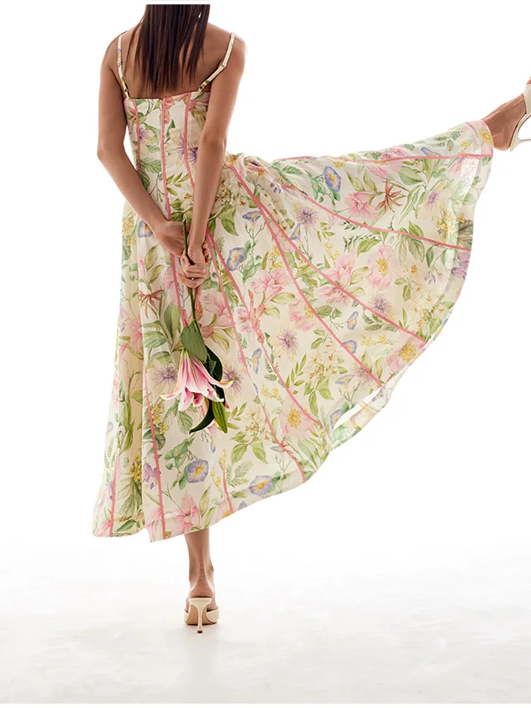Female Exquisite Floral Print Maxi Dress Summer Chic High End Cinched Waist Vistidos Stylish Ruffled Hem Straps Beach Party Gown
