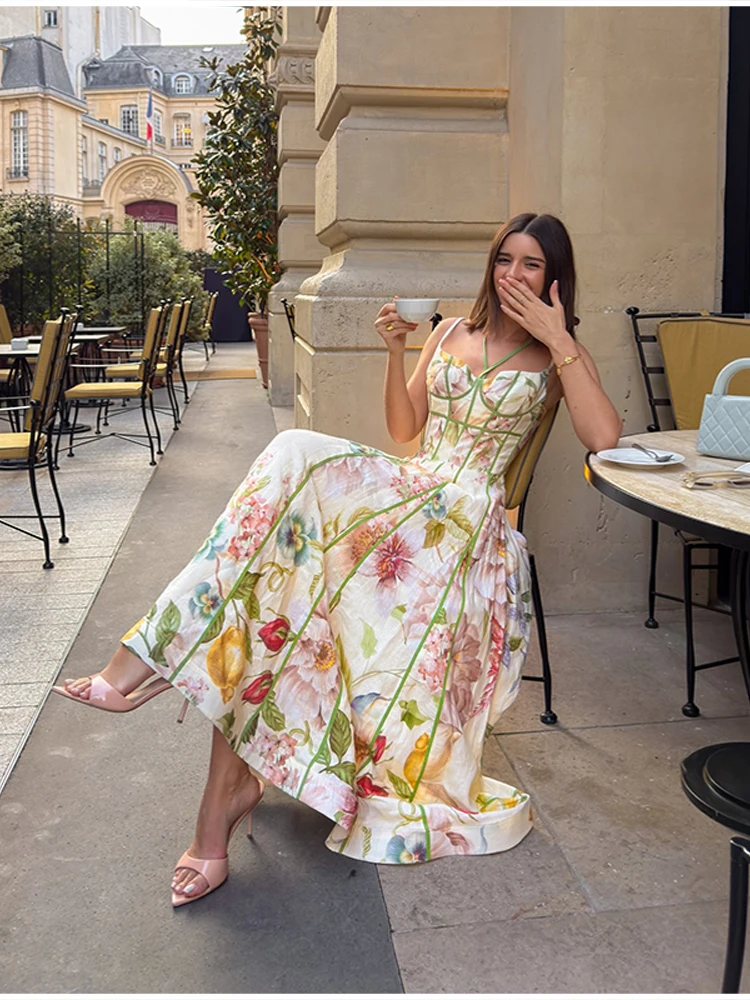 Female Exquisite Floral Print Maxi Dress Summer Chic High End Cinched Waist Vistidos Stylish Ruffled Hem Straps Beach Party Gown