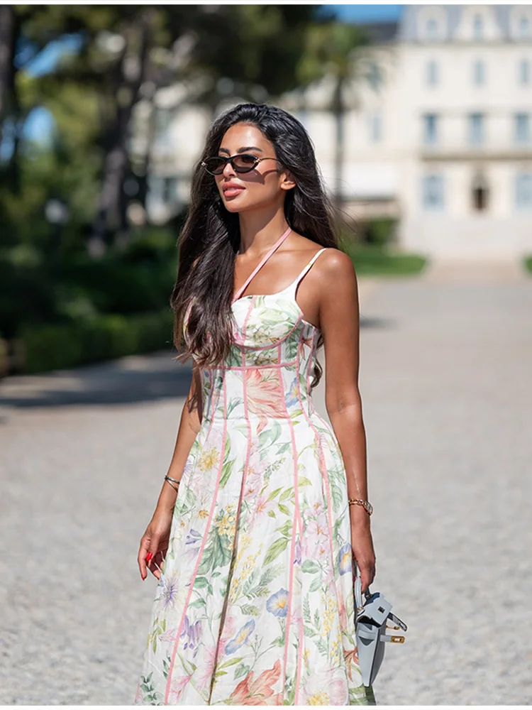 Female Exquisite Floral Print Maxi Dress Summer Chic High End Cinched Waist Vistidos Stylish Ruffled Hem Straps Beach Party Gown