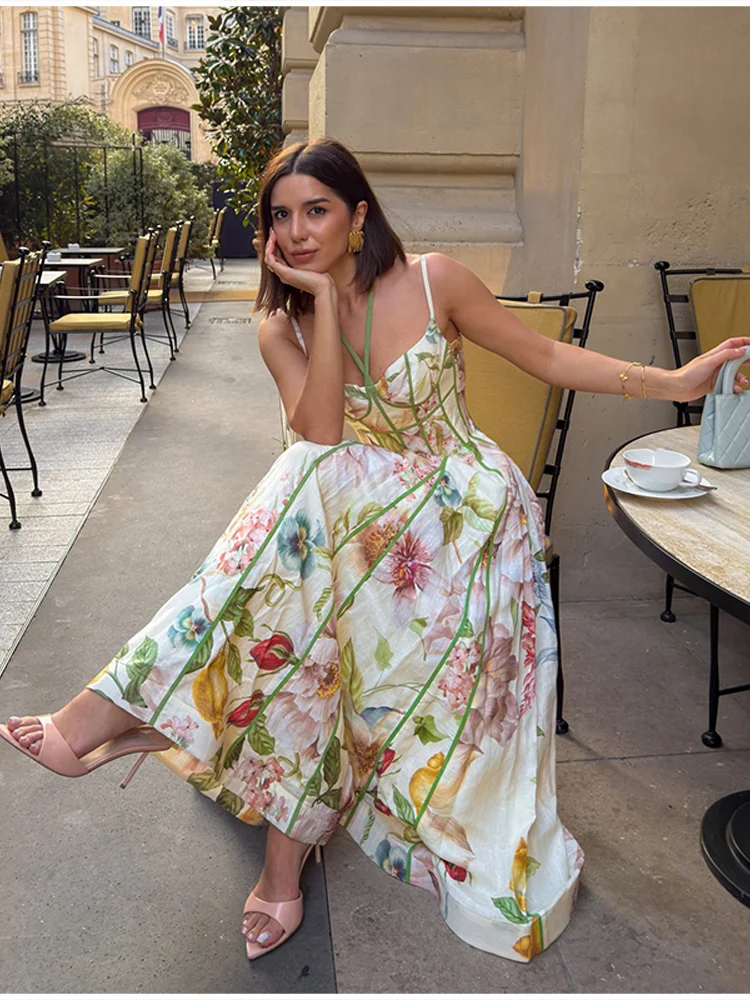 Female Exquisite Floral Print Maxi Dress Summer Chic High End Cinched Waist Vistidos Stylish Ruffled Hem Straps Beach Party Gown