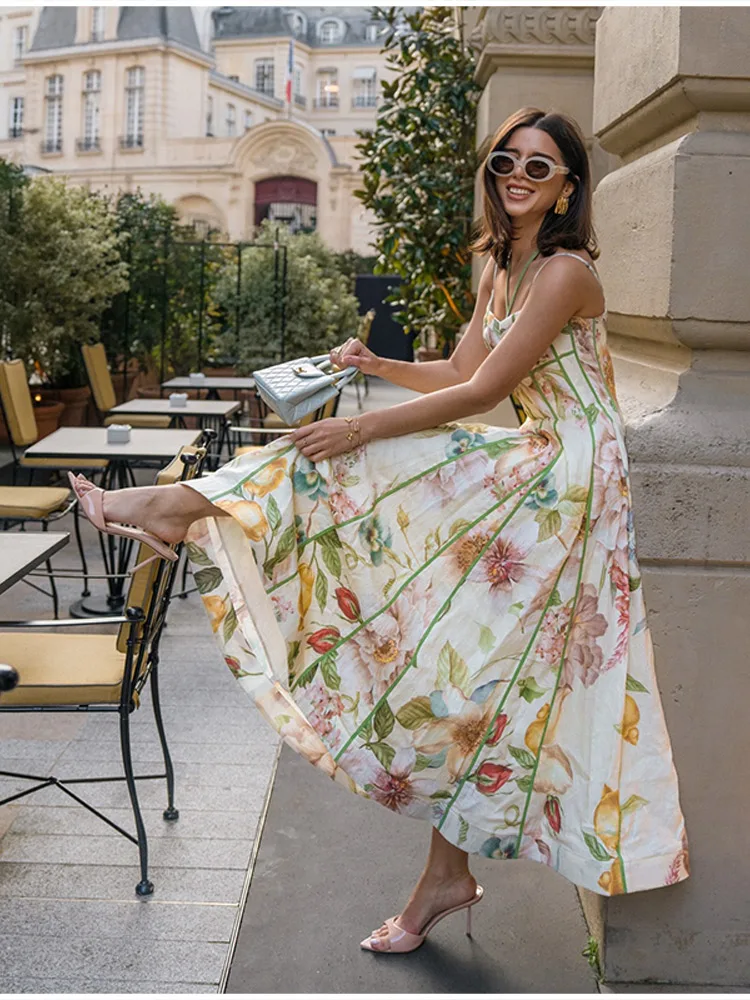 Female Exquisite Floral Print Maxi Dress Summer Chic High End Cinched Waist Vistidos Stylish Ruffled Hem Straps Beach Party Gown