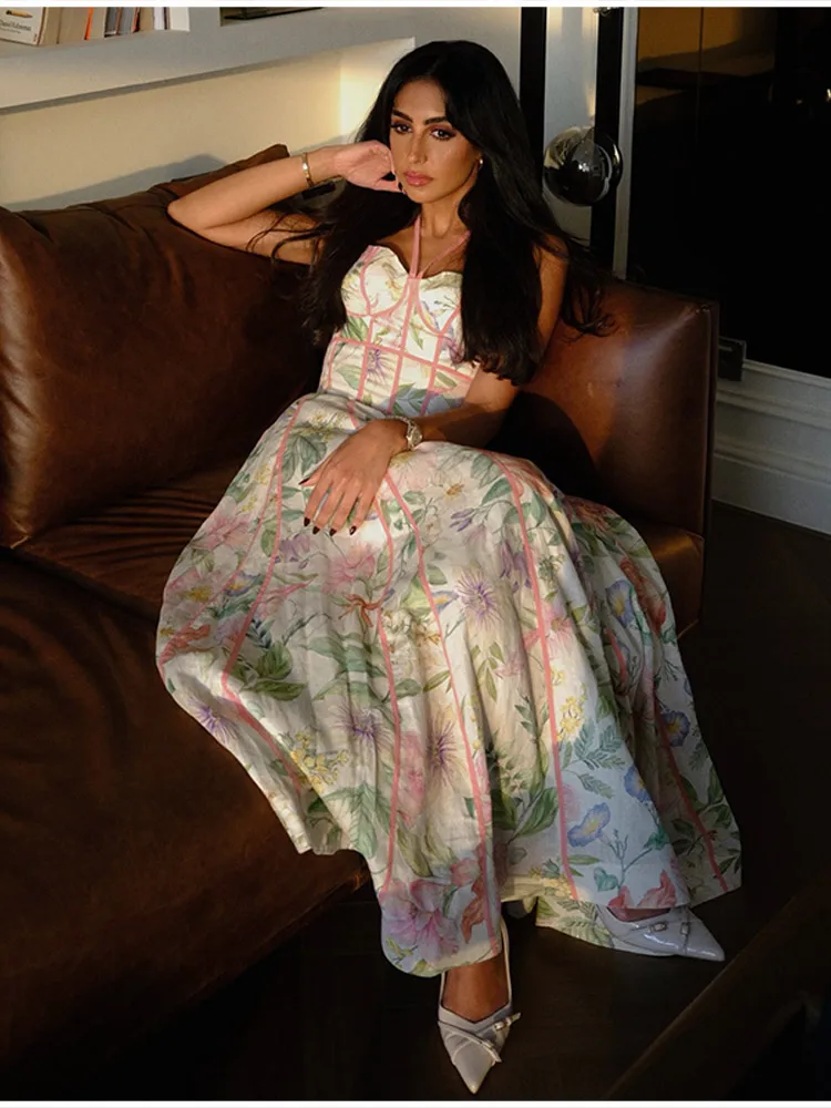 Female Exquisite Floral Print Maxi Dress Summer Chic High End Cinched Waist Vistidos Stylish Ruffled Hem Straps Beach Party Gown