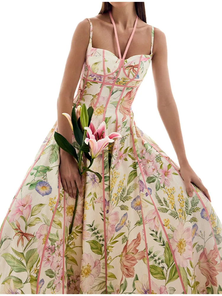 Female Exquisite Floral Print Maxi Dress Summer Chic High End Cinched Waist Vistidos Stylish Ruffled Hem Straps Beach Party Gown