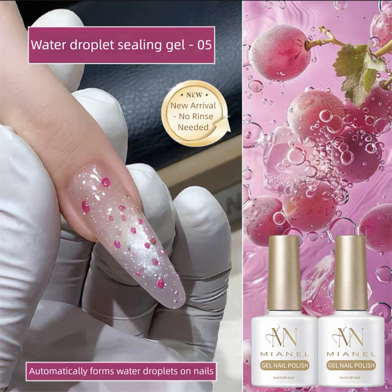 MIANEL 2026 New Summer Waterdrop Top Coat Gel, High Gloss Crystal Plating Sealer, 3D No-Wipe Nail Gel Polish