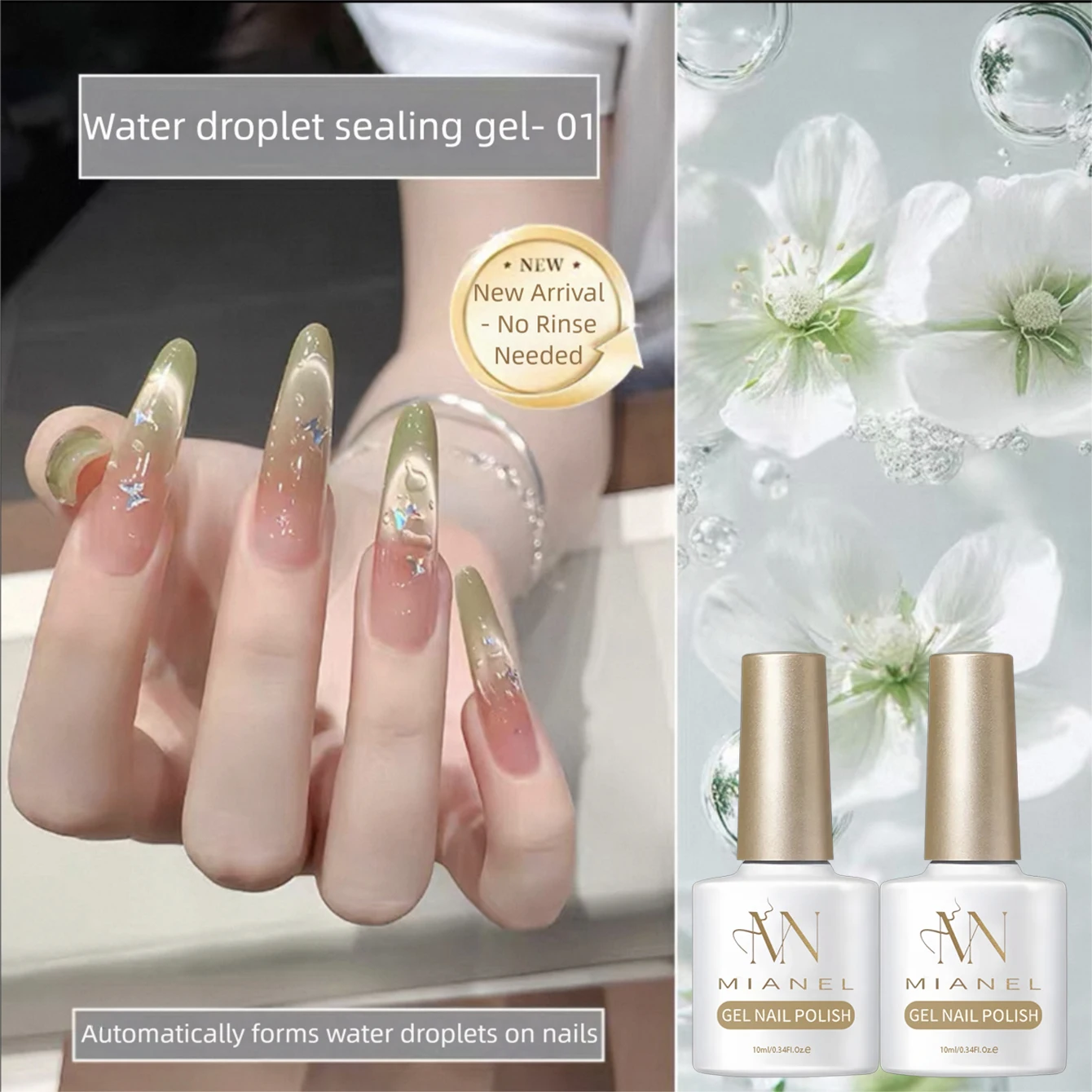 MIANEL 2026 New Summer Waterdrop Top Coat Gel, High Gloss Crystal Plating Sealer, 3D No-Wipe Nail Gel Polish