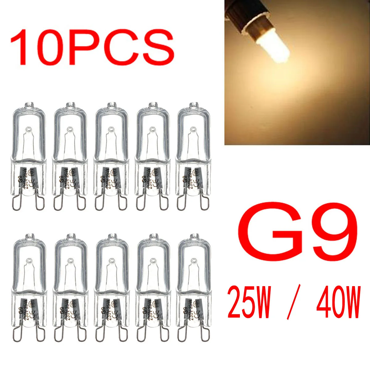 10pcs/lot G9 220-240V 25W 40W 60W Portable Warm White Halogen Bulb Light Lamp 3000-3500K Globe 230V Capsule Clear Bulbs