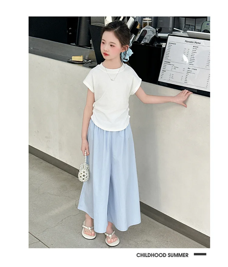 Girls New Suit Children Top Set Summer Short Sleeved T-shirt Pants 2PCS Kid Solid Color Outfits Teen Casual Loose Clothes