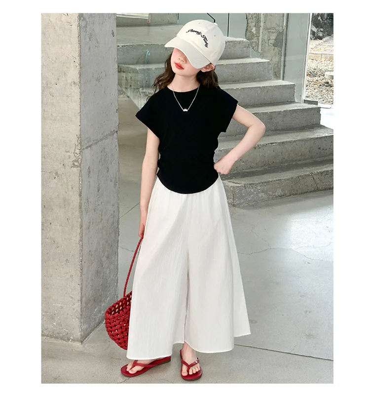 Girls New Suit Children Top Set Summer Short Sleeved T-shirt Pants 2PCS Kid Solid Color Outfits Teen Casual Loose Clothes