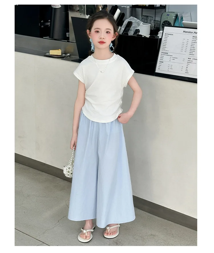 Girls New Suit Children Top Set Summer Short Sleeved T-shirt Pants 2PCS Kid Solid Color Outfits Teen Casual Loose Clothes
