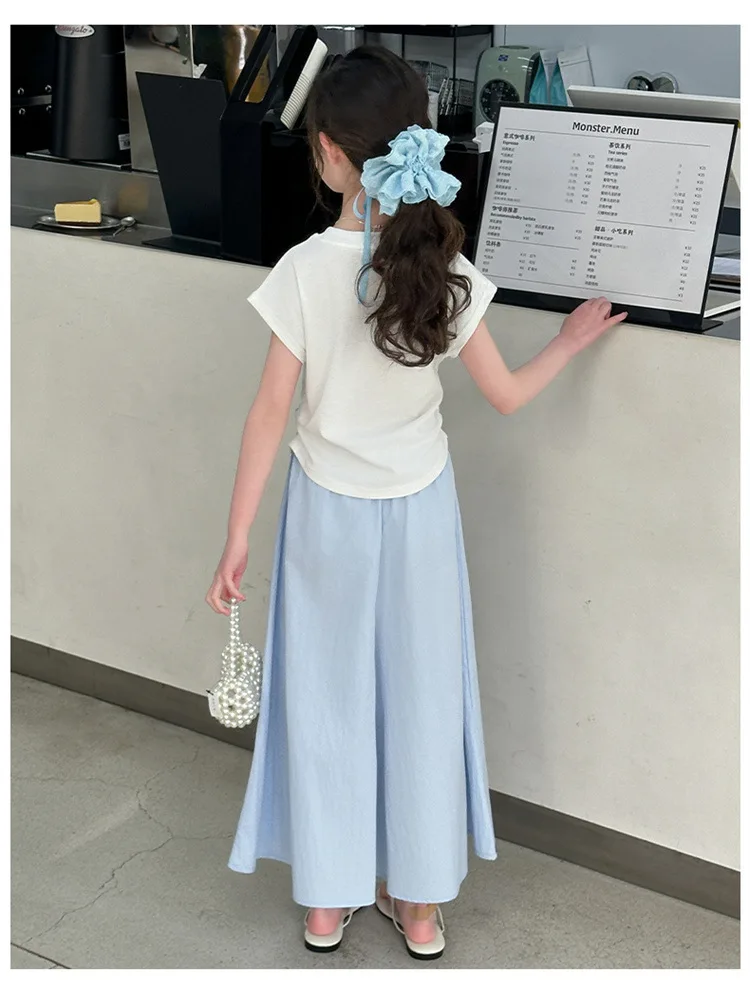 Girls New Suit Children Top Set Summer Short Sleeved T-shirt Pants 2PCS Kid Solid Color Outfits Teen Casual Loose Clothes
