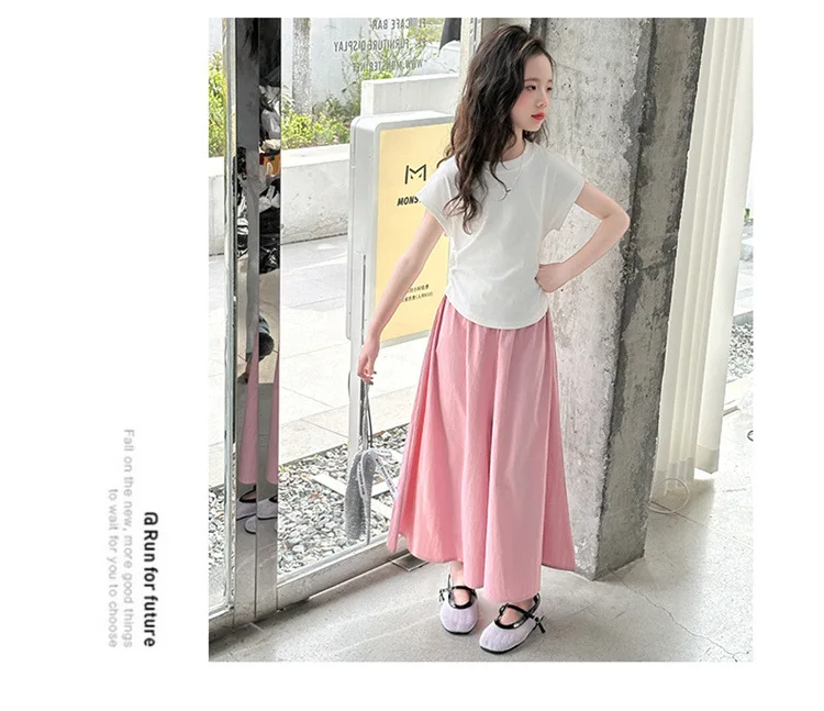 Girls New Suit Children Top Set Summer Short Sleeved T-shirt Pants 2PCS Kid Solid Color Outfits Teen Casual Loose Clothes
