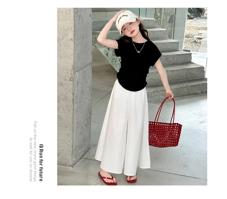 Girls New Suit Children Top Set Summer Short Sleeved T-shirt Pants 2PCS Kid Solid Color Outfits Teen Casual Loose Clothes