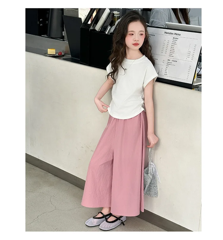 Girls New Suit Children Top Set Summer Short Sleeved T-shirt Pants 2PCS Kid Solid Color Outfits Teen Casual Loose Clothes