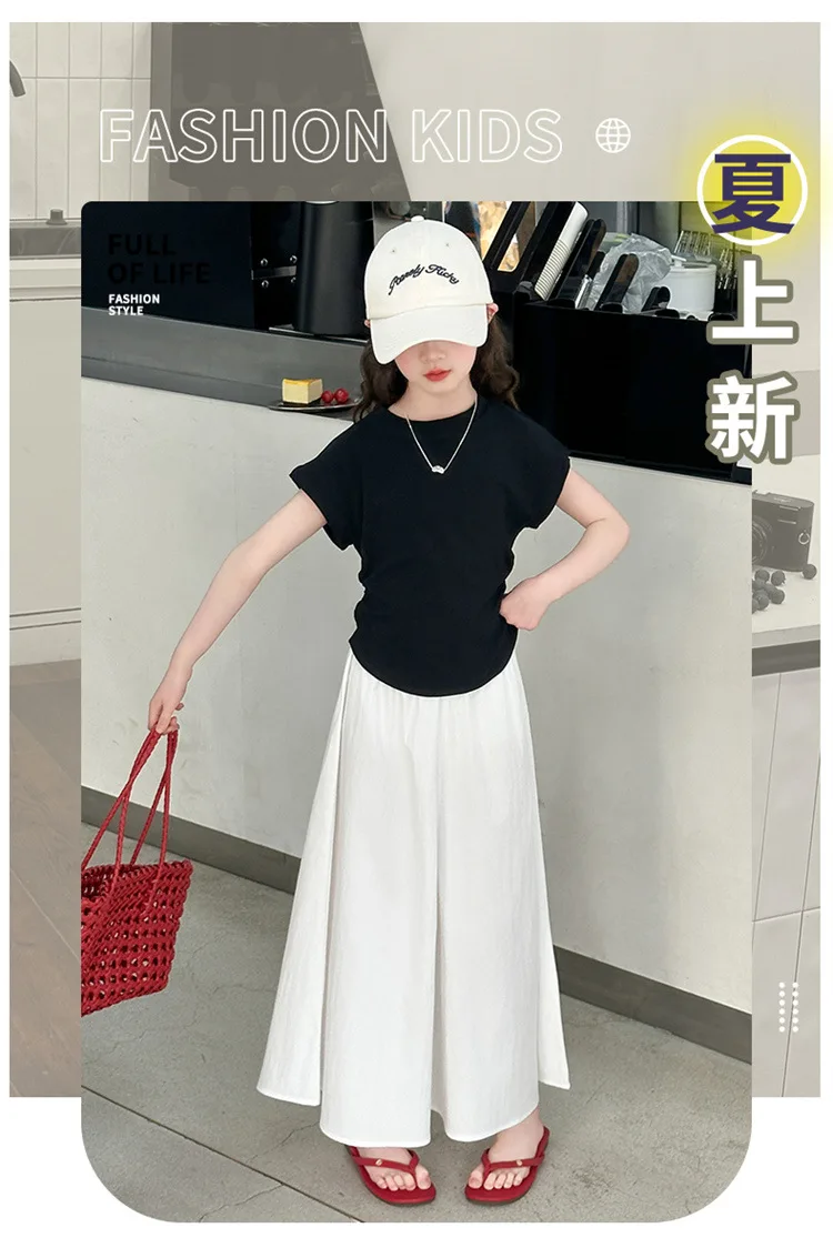 Girls New Suit Children Top Set Summer Short Sleeved T-shirt Pants 2PCS Kid Solid Color Outfits Teen Casual Loose Clothes