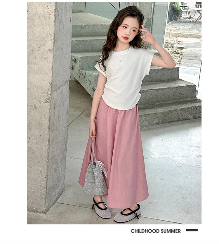 Girls New Suit Children Top Set Summer Short Sleeved T-shirt Pants 2PCS Kid Solid Color Outfits Teen Casual Loose Clothes