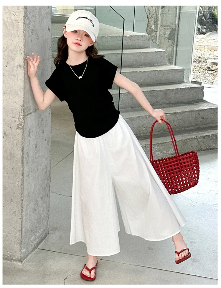 Girls New Suit Children Top Set Summer Short Sleeved T-shirt Pants 2PCS Kid Solid Color Outfits Teen Casual Loose Clothes