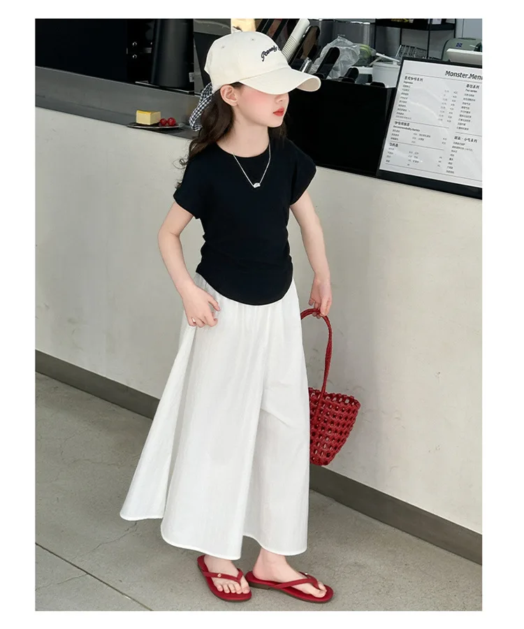 Girls New Suit Children Top Set Summer Short Sleeved T-shirt Pants 2PCS Kid Solid Color Outfits Teen Casual Loose Clothes