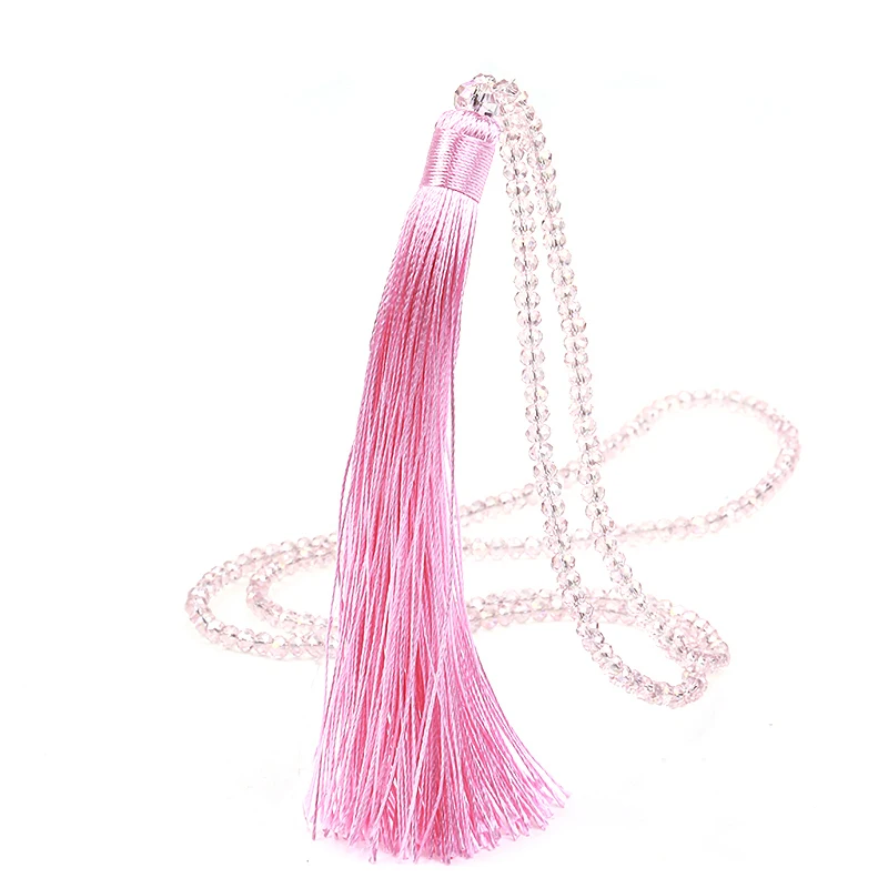 Fashion 14 Colors Long Fringe Silk Tassel Necklace Women Glass Bead Crystal Pendant Necklaces Statement Vintage Bohemian Jewelry