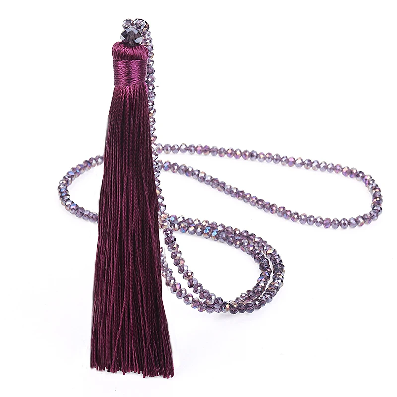 Fashion 14 Colors Long Fringe Silk Tassel Necklace Women Glass Bead Crystal Pendant Necklaces Statement Vintage Bohemian Jewelry