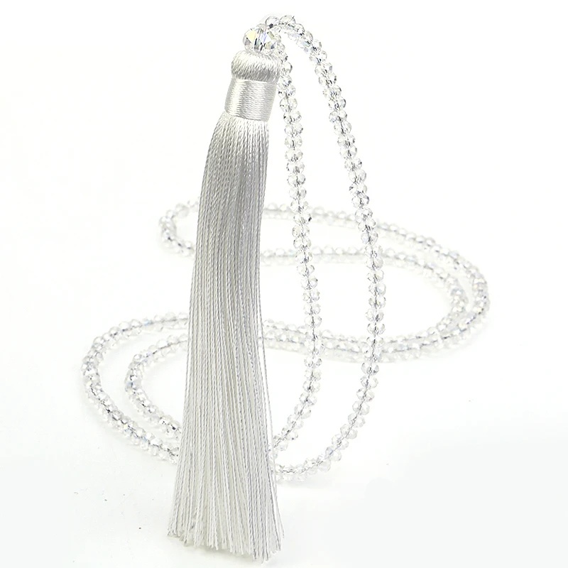 Fashion 14 Colors Long Fringe Silk Tassel Necklace Women Glass Bead Crystal Pendant Necklaces Statement Vintage Bohemian Jewelry