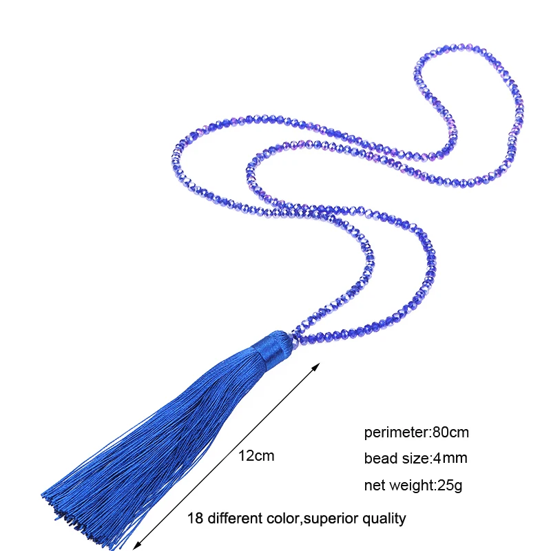 Fashion 14 Colors Long Fringe Silk Tassel Necklace Women Glass Bead Crystal Pendant Necklaces Statement Vintage Bohemian Jewelry